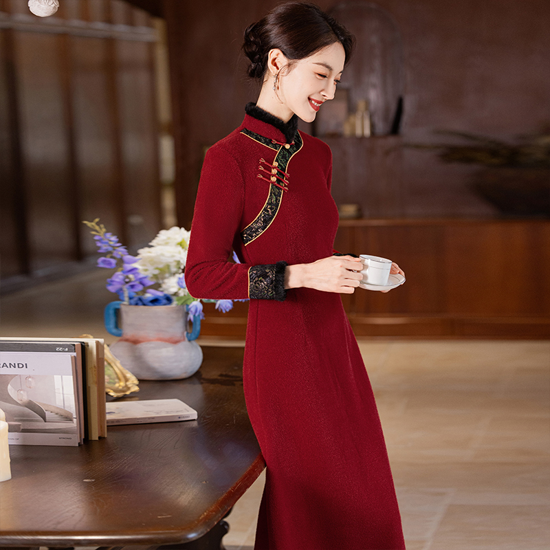 旗袍2025春季新款女加厚红色改良连衣裙中式喜婆婆婚宴中长款