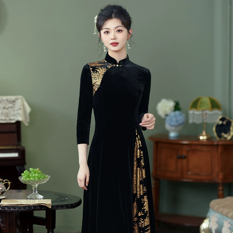 新中式改良旗袍女时尚普济额高级感黑色丝绒奥黛连衣裙2025年新款