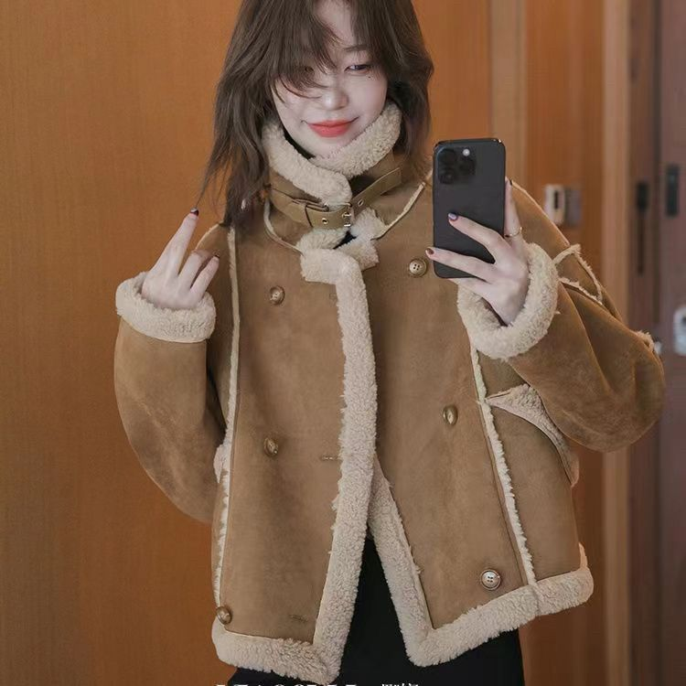 宽松版皮毛一体羊羔绒机车外套短款秋冬新款小个子加厚加绒外套