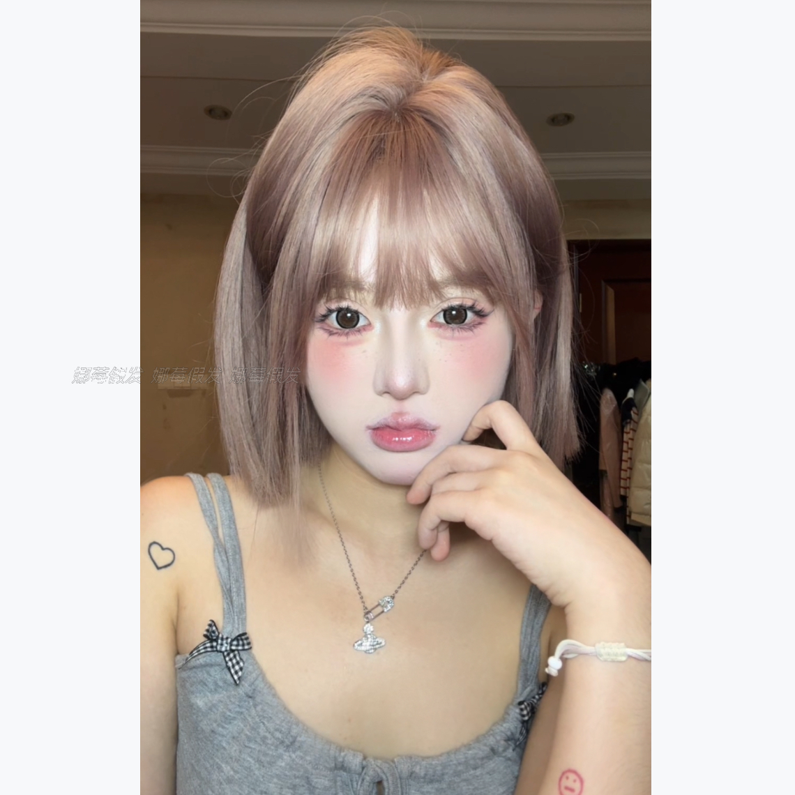 -【Kitty】玫瑰粉棕色短发一刀切机织日常网感女生全头套假发