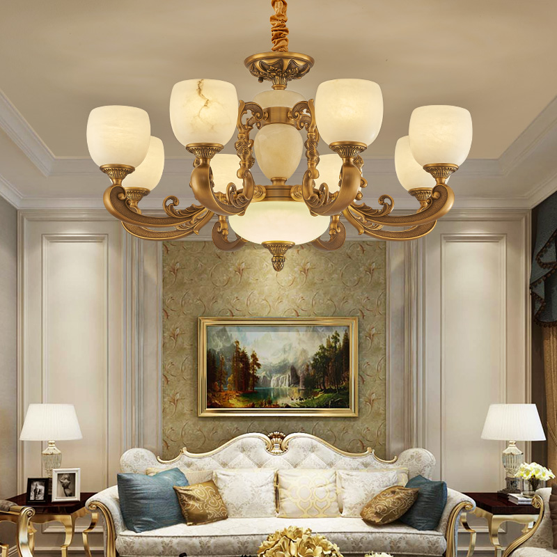 复古美式吊灯云石大气仿古做旧家用大厅全铜高端欧式客厅主灯饰