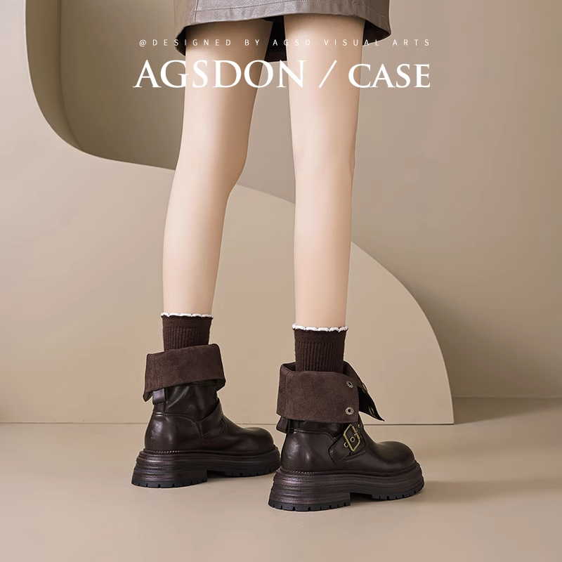 奥古狮登棕色马丁靴女秋冬2025新款厚底增高堆堆短靴子小个子爆款