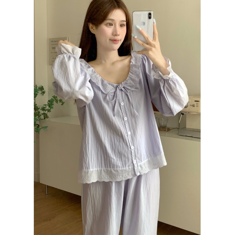 紫色圆领开衫女睡衣纯棉100%全棉春秋夏季套装高颜值可外穿家居服