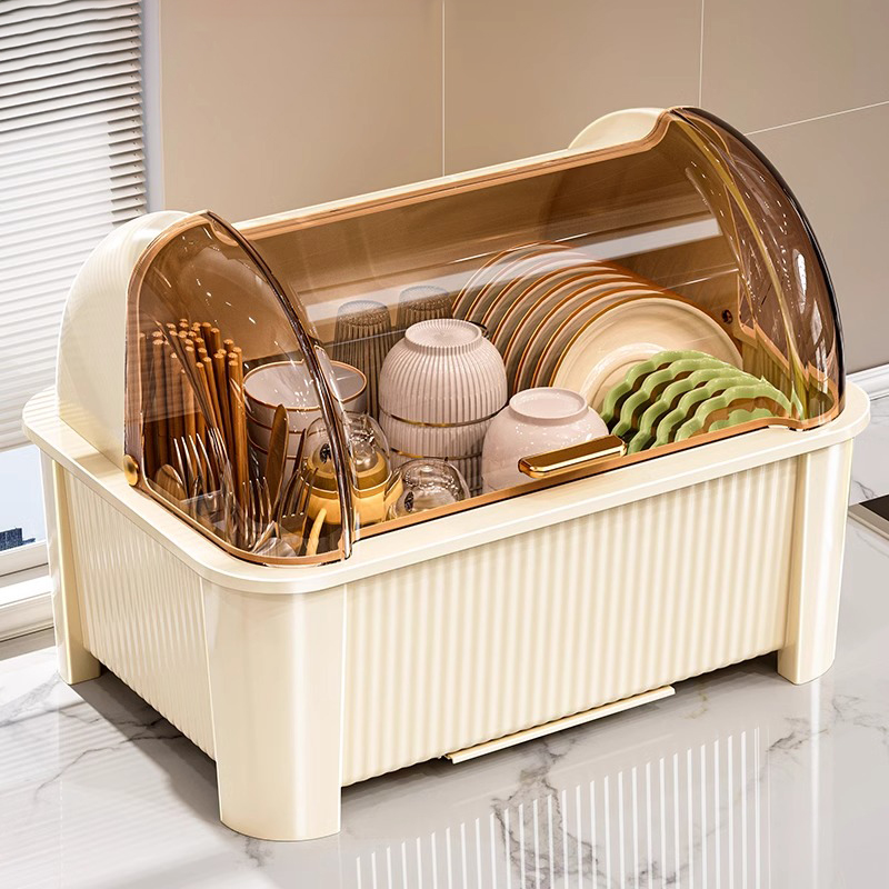 碗筷收纳盒放碗碟收纳架厨房家用多功能带盖沥水置物架碗柜收纳盒