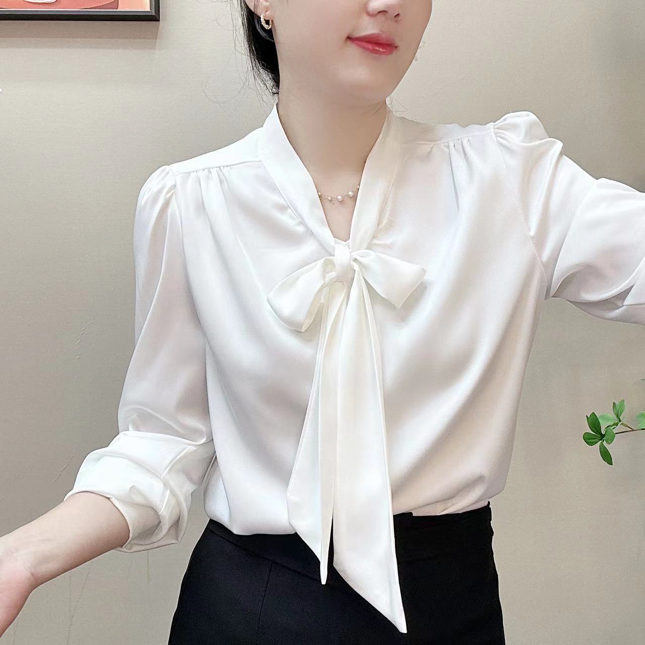 长袖蝴蝶蝴蝶结蓝色飘带女衬衫衬衣女装纯色时尚普宁衬衫2025新款