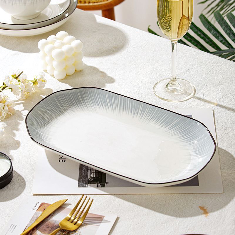 2只装12英寸渐变灰陶瓷鱼盘