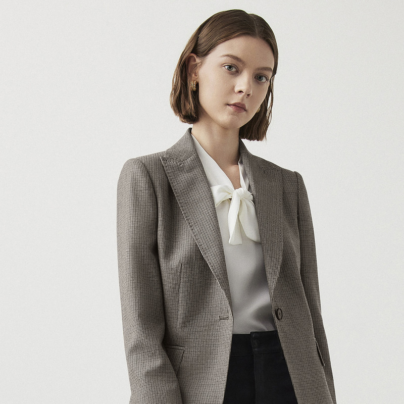 朗姿法式纯羊毛复古格子修身气质上衣西装外套女2025年女西装外套