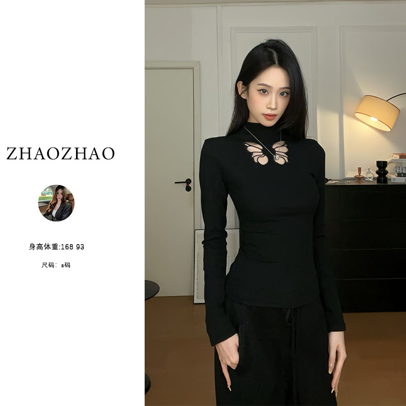 秋冬美式复古显瘦时尚镂空蝴蝶设计长袖修身气质黑色上衣长袖打底