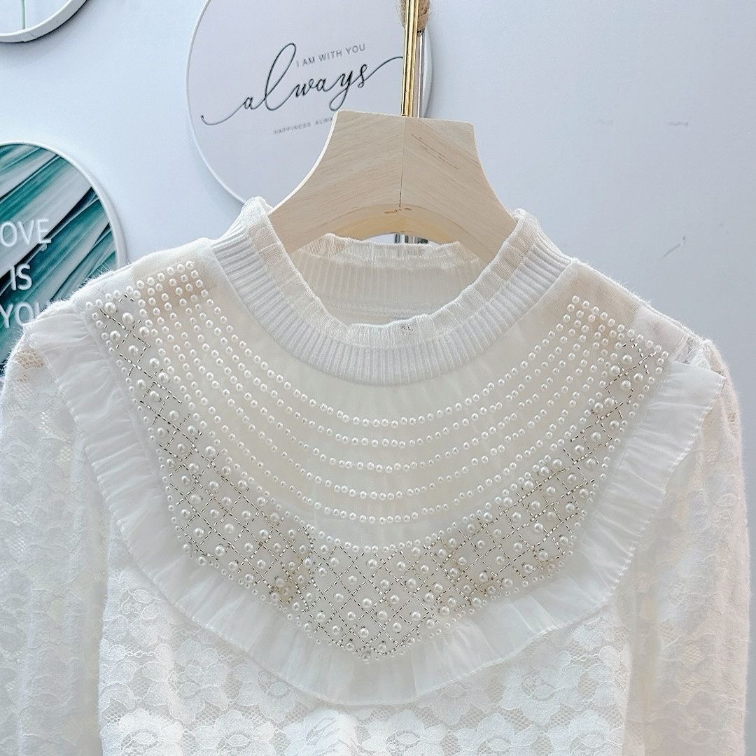 钉珠木耳边纱网加绒蕾丝打底衫宽松衬衫显瘦遮肉小香风小衫衬衣冬