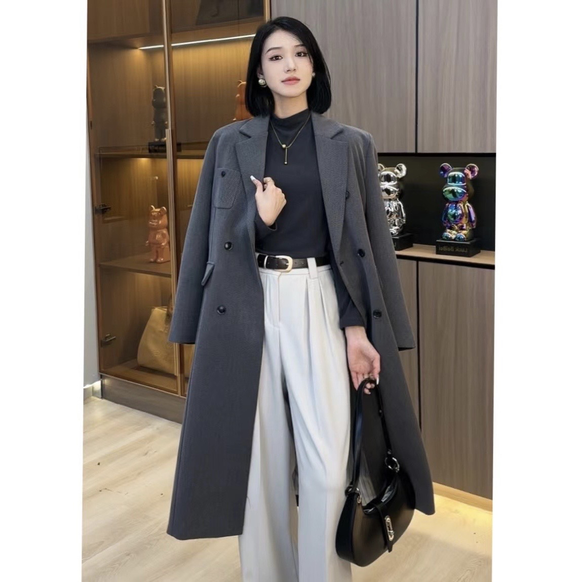 女春秋新款复古时尚气质宽松长款西装外套休闲百搭大衣821