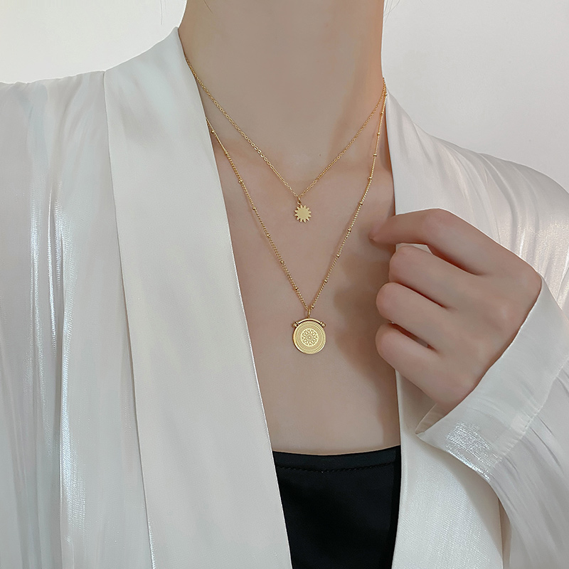 钛钢项链 太阳花双层硬币项链女冷淡风小众设计感多层锁骨链