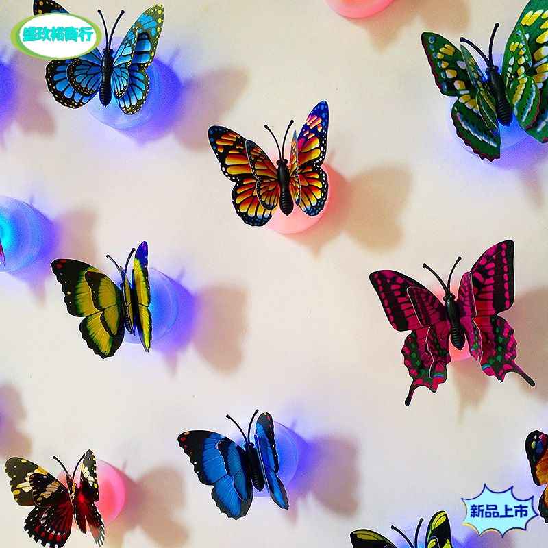 七彩发光蝴蝶墙贴小夜灯3D立体电子夜光蝴蝶灯卧室客厅儿童房自粘