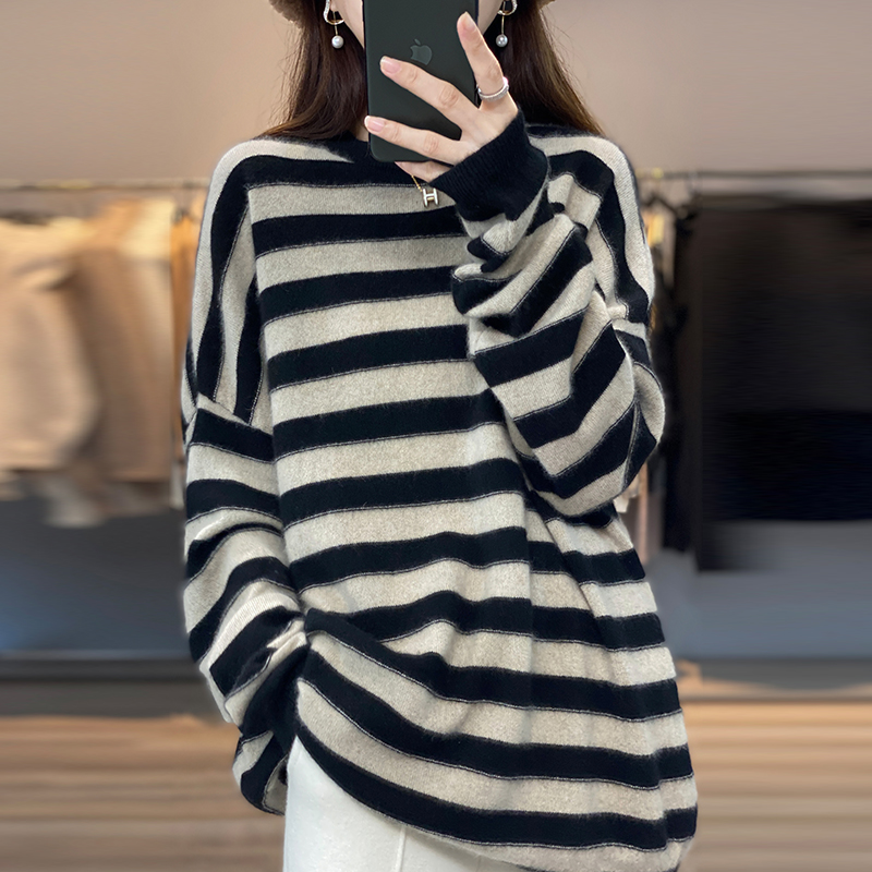 ［衣长64］羊毛衫女圆领条纹撞色长袖毛衣纯色韩版宽松打底外穿针织