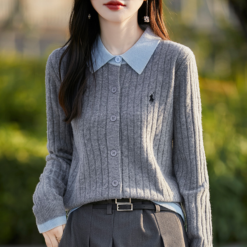 秋冬新款纯羊毛假两件开衫女翻领拼色刺绣毛衣针织外套上衣py6029