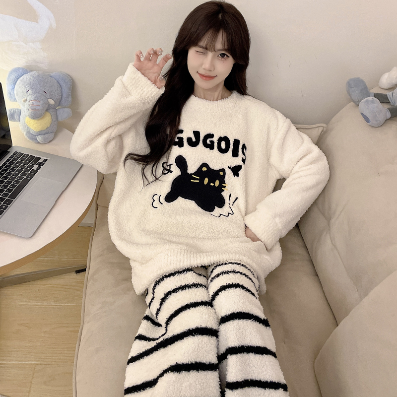 2025新款秋冬季半边绒睡衣女卡通猫咪加绒加厚珊瑚绒家居服两件套
