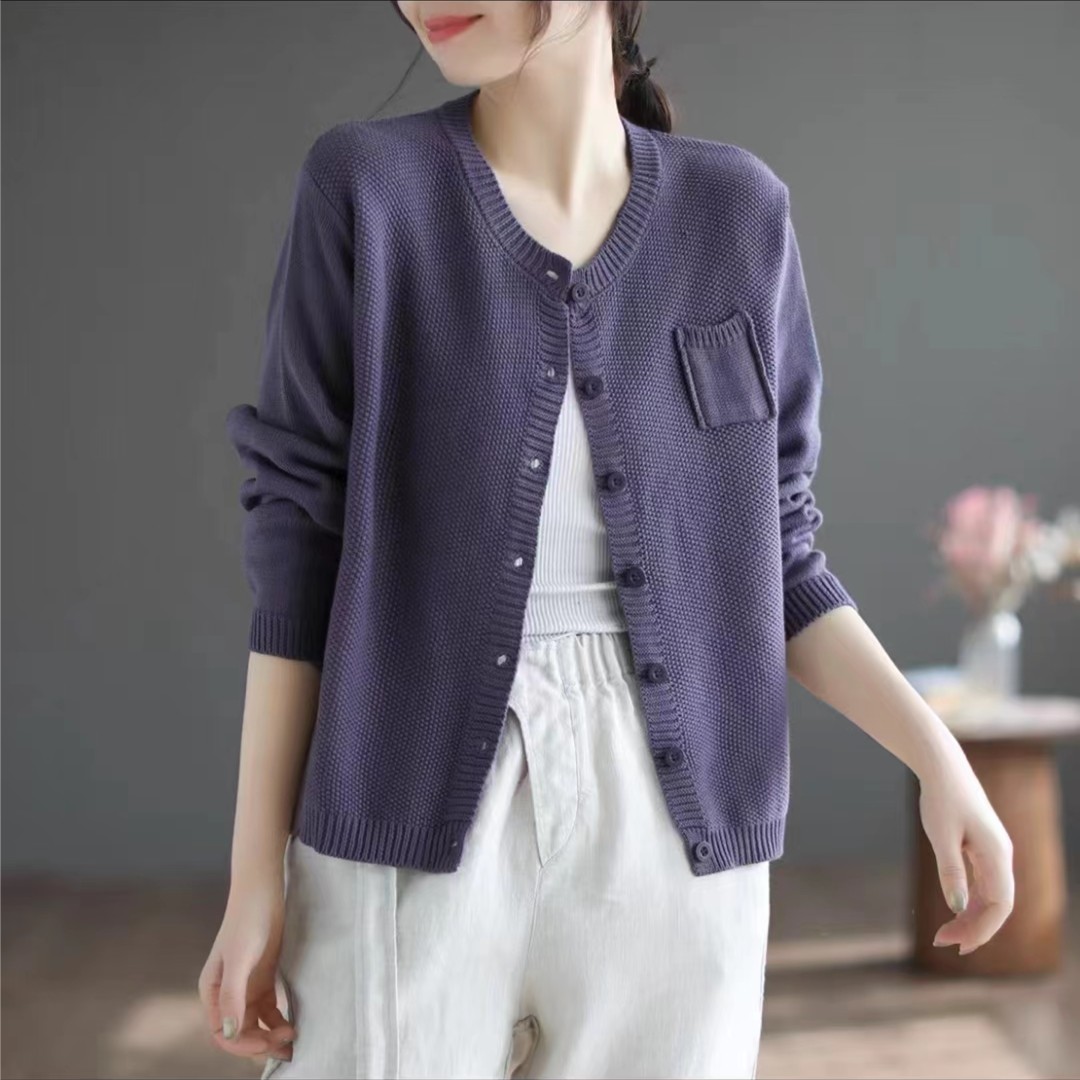 新款春秋复古立体长袖针织衫开衫女文艺纯色长袖毛衣休闲宽松上衣