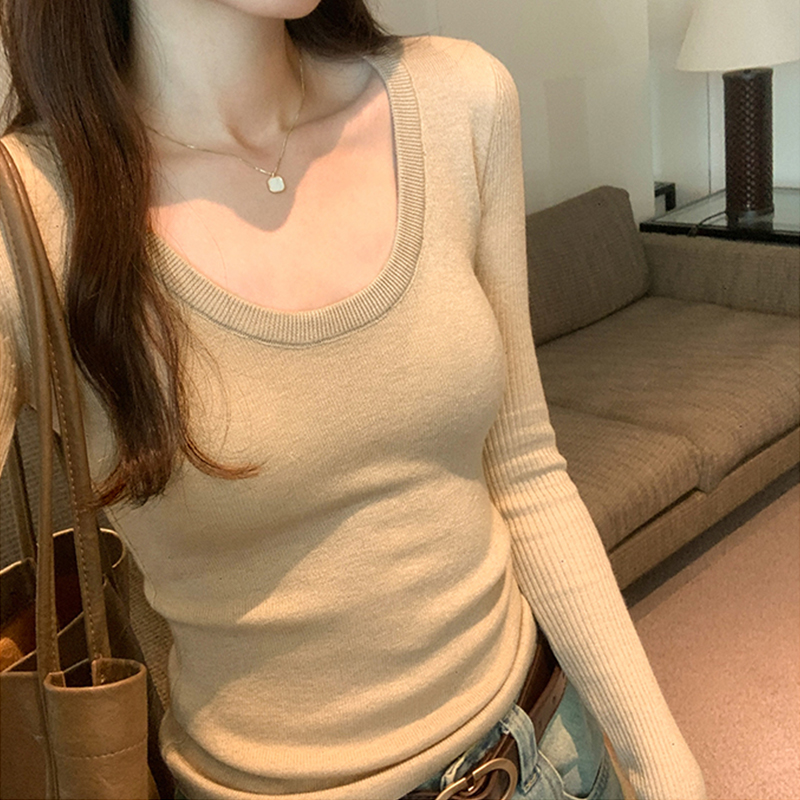 2024秋季新款洋气针织打底衫女正肩U领长袖t恤紧身内搭低领上衣