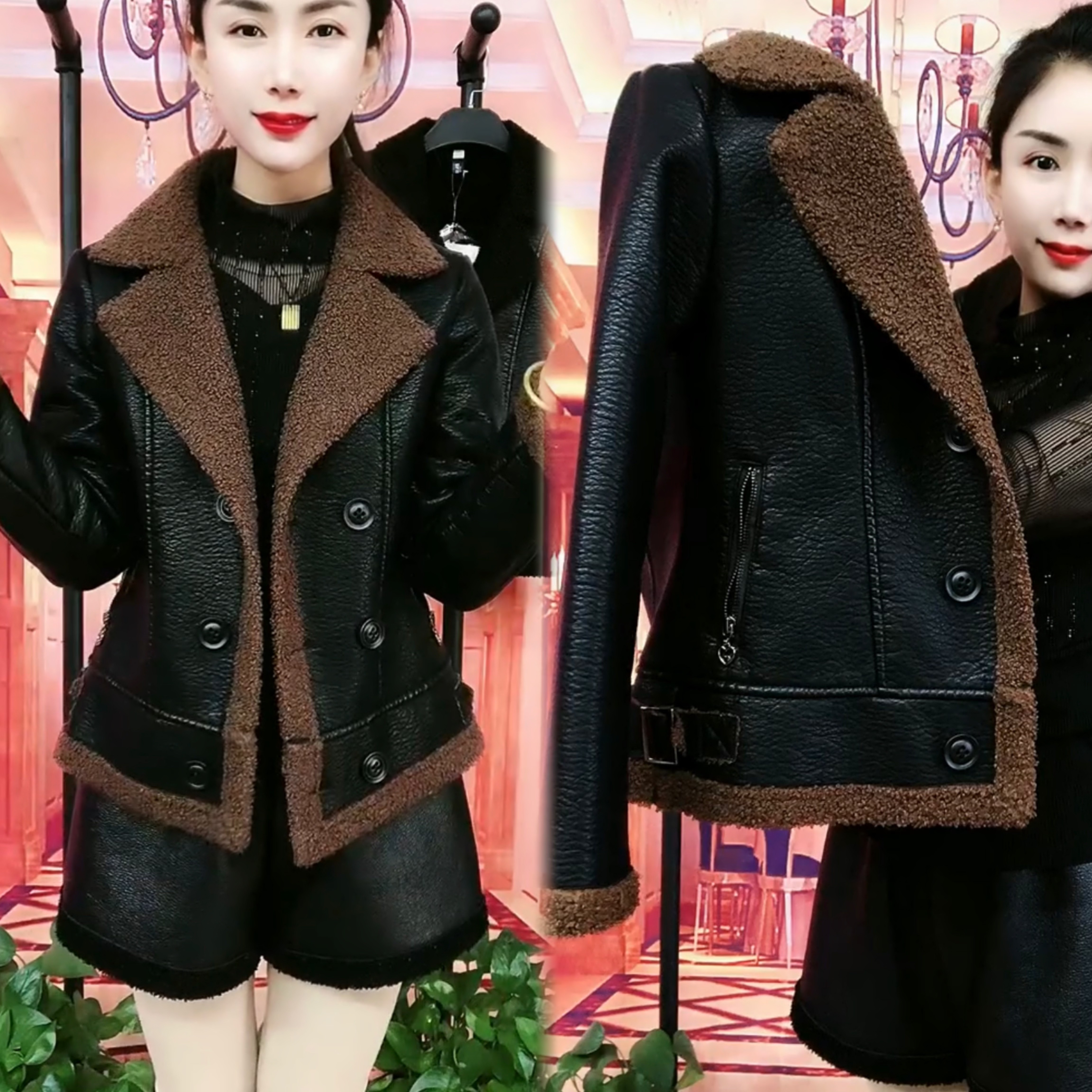 皮衣女短款加绒外套冬季新款皮毛一体网红大码羊羔毛保暖皮衣修身