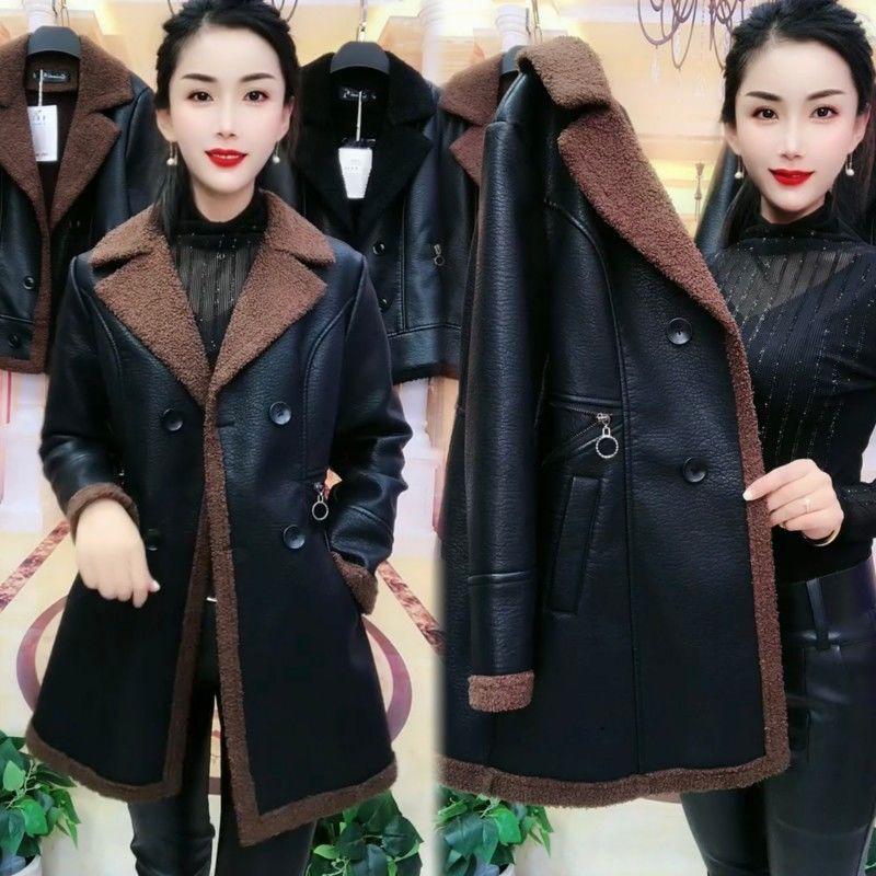 皮衣女加绒加厚2024冬季皮衣外套中长款大码保暖修身显瘦皮毛一体