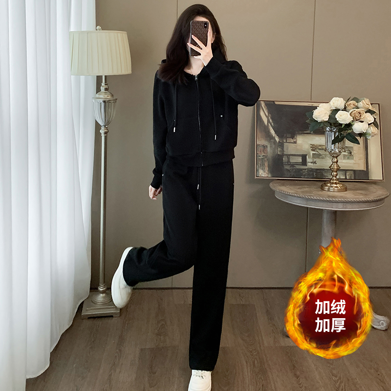 休闲套装女两件套黑色纯色秋冬运动卫衣女连帽卫衣女百搭韩版女士