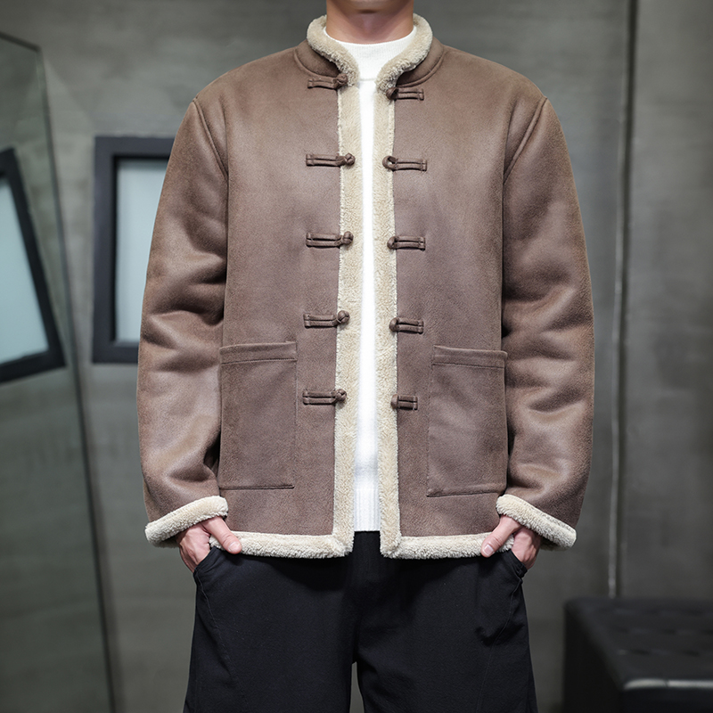 中国风棉衣皮毛一体男冬季新款加绒加厚唐装汉服复古保暖夹克外套