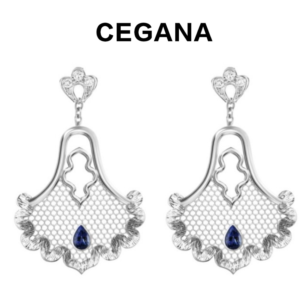 铜合金耳饰 CEGANA【尽扇尽美】蕾丝小众扇形耳环镶钻首饰项链蓝色