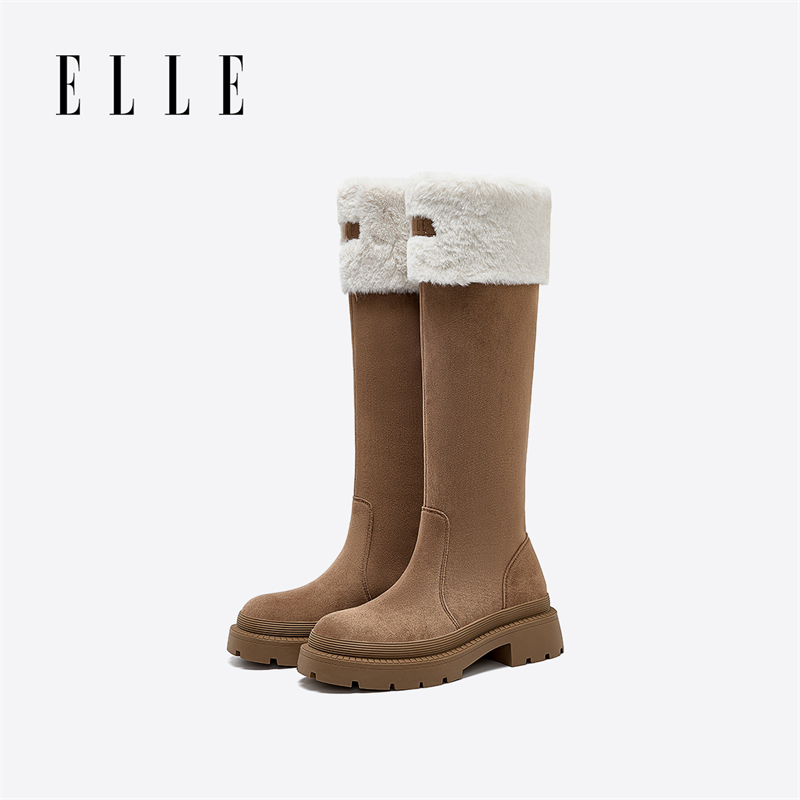 ELLE甜美气质韩系时装靴2025冬季加绒加厚时尚百搭长靴拼色保暖靴