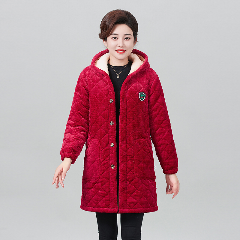 六荷秋冬大码女棉衣加绒加厚中老年中长款大码罩衣棉服妈妈装1911