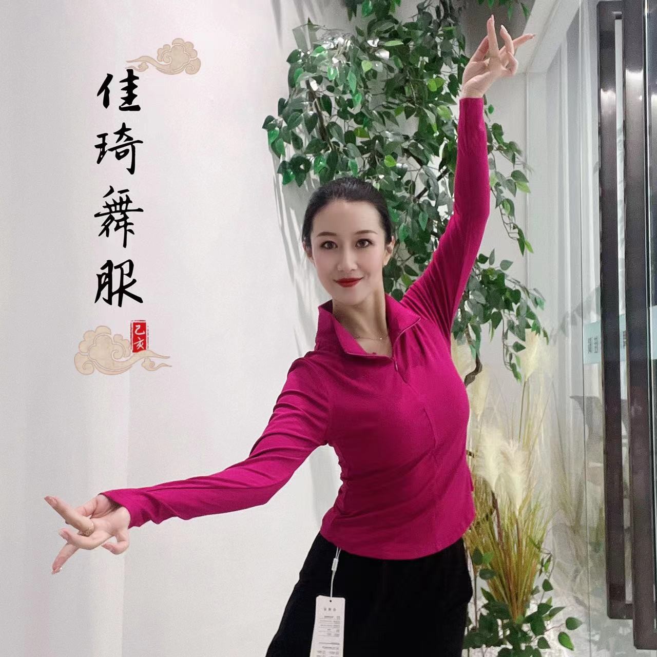 【佳琦舞服】中国现代舞休闲长袖显瘦时尚领口拉链修身打底弹力上衣