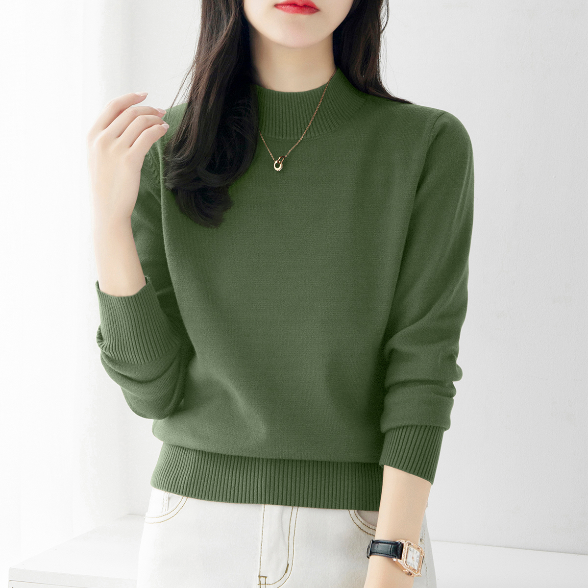 豌豆绿宽松厚款内搭打底上衣百搭半高领毛衣长袖针织衫女冬季新款
