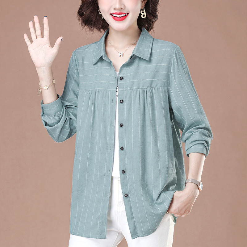条纹长袖衬衫女春秋新款中老年休闲大码衬衣妈妈薄款开衫翻领上衣