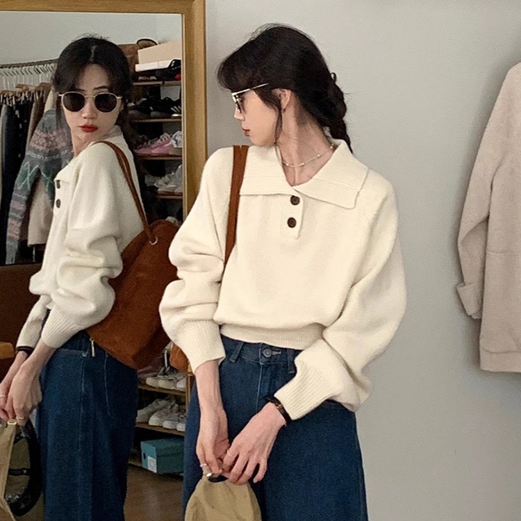 洋气polo领毛衣翻领上衣女装秋冬季短款慵懒风内搭外穿打底针织衫