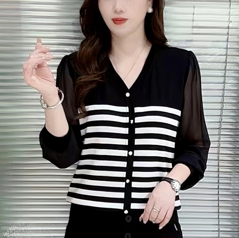 8122早秋新款条纹遮肚子显瘦宽松版长袖洋气上衣