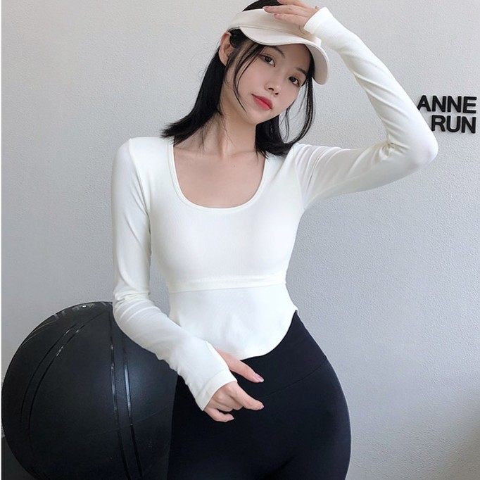 annerun裸感瑜伽服女长袖含胸垫U领跑步健身运动上衣