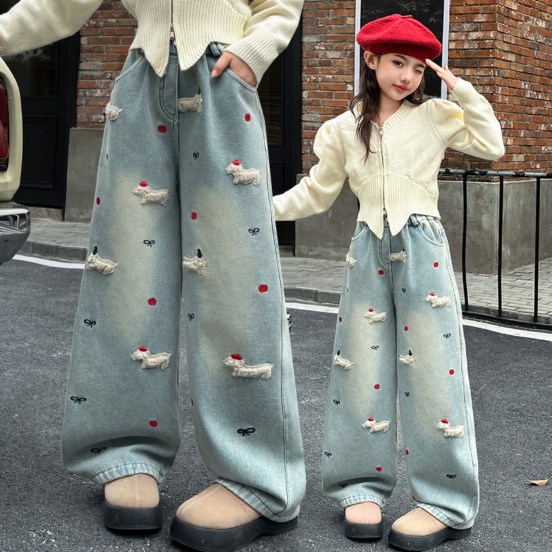 女童春秋加绒牛仔裤冬新款儿童加厚窄版阔腿裤大童冬季一体绒裤子
