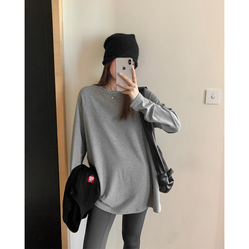 时尚高级灰磨毛加绒上衣中长款秋冬宽松遮屁股打底衫长袖T恤女