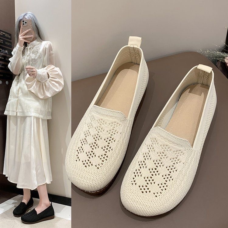 2024老北京布鞋女镂空豆豆鞋春夏季新款软底透气平底鞋网面妈妈鞋