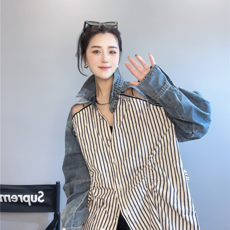 牛仔袖拼接中长款单排扣露肩条纹衬衫女百搭衬衣长袖2025春夏新款