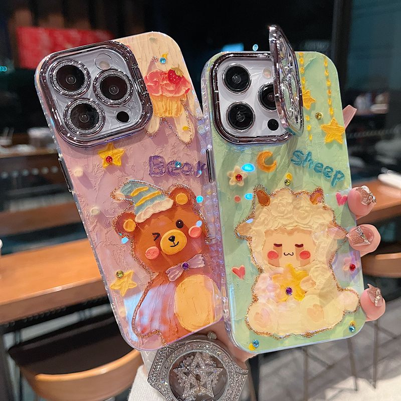 适用苹果系列iPhone16新款手机壳卡通可爱绵羊银灰色闪粉镜头支架