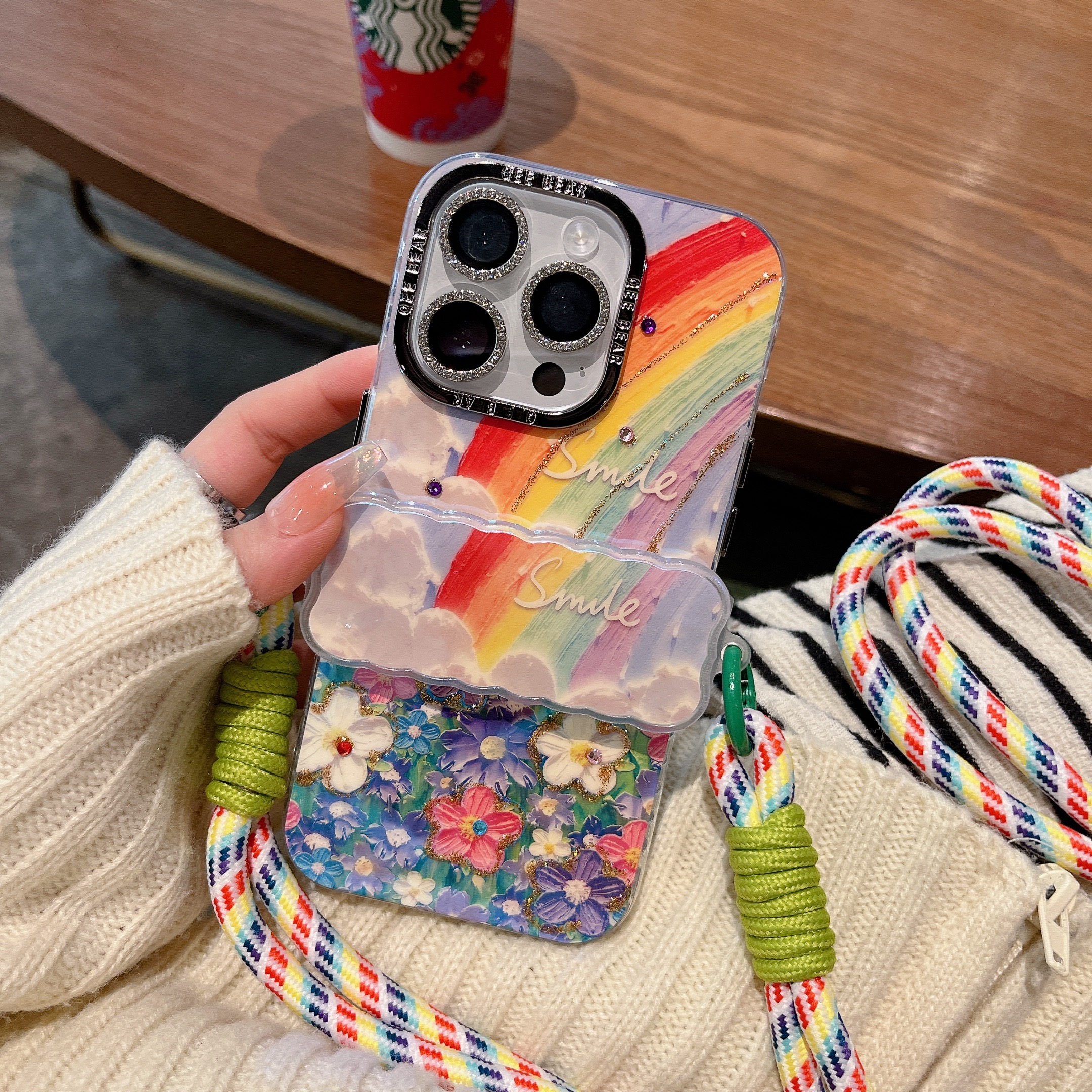 适用苹果系列iPhone15新款手机壳彩虹背夹花朵镜头膜防摔14/13/12