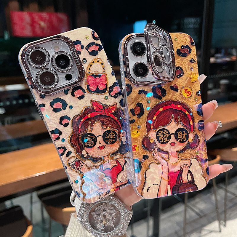 适用苹果系列iPhone16新款手机壳豹纹富婆全包闪粉镜头膜隐形支架