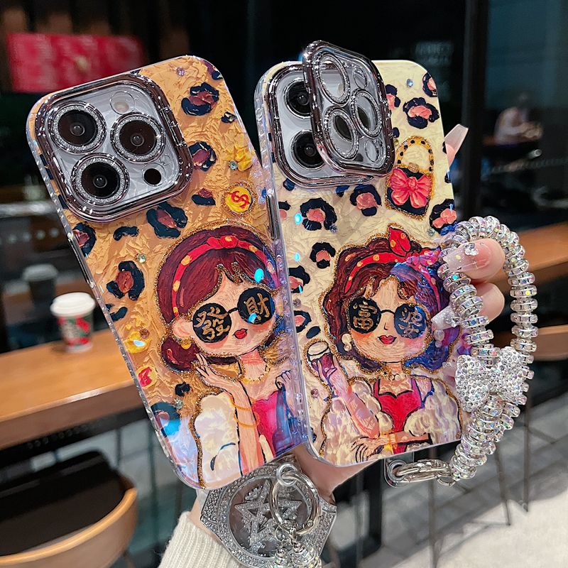 适用苹果系列iPhone16新款手机壳手链豹纹富婆闪粉镜头膜隐形支架