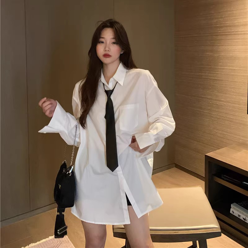 设计感小众领带白衬衫女春秋季新款韩版宽松百搭显瘦长袖棉质上衣