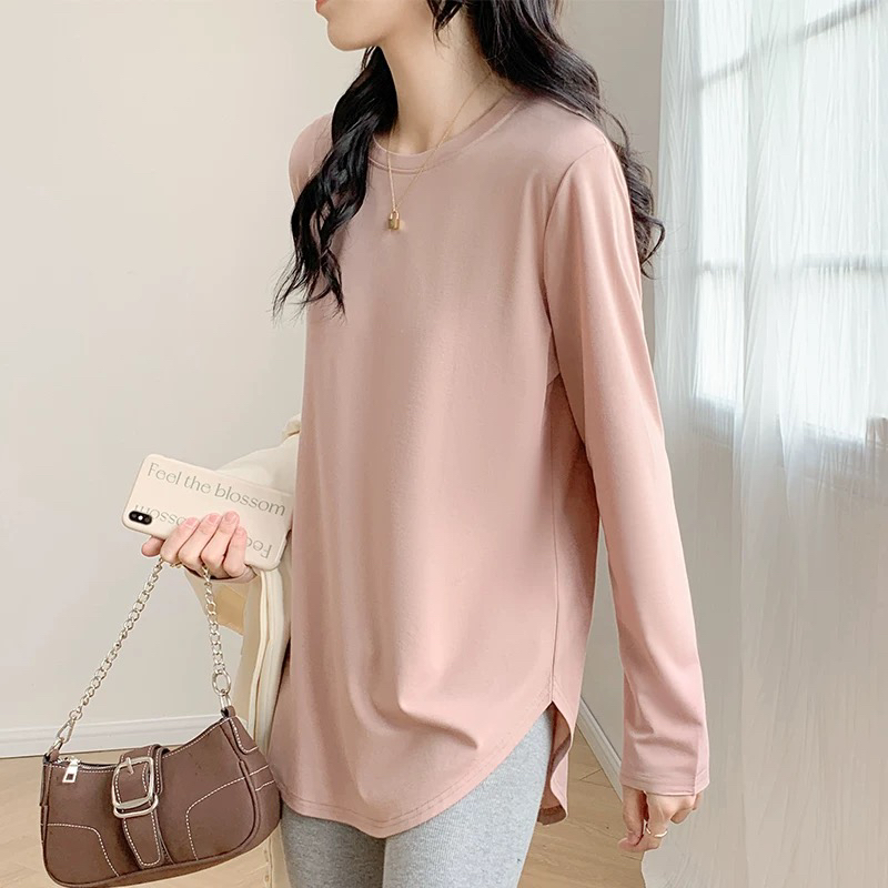 罗马冰丝长袖女T恤不规则圆领宽松弧摆中长款打底衫春秋百搭上衣