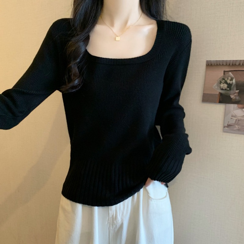 大码黑色方领长袖针织打底衫女春秋内搭胖MM宽松显瘦百搭正肩上衣