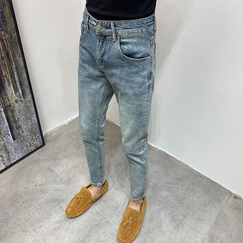 蓝色个性潮流痞帅修身小脚裤男牛仔裤秋冬韩版潮牌时尚爆款九分裤