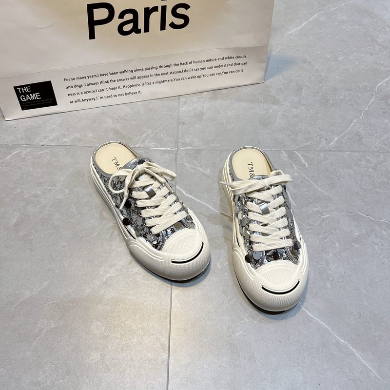 欧洲站女鞋2024夏季新款真皮厚底休闲板鞋亮片包头半拖鞋透气半托