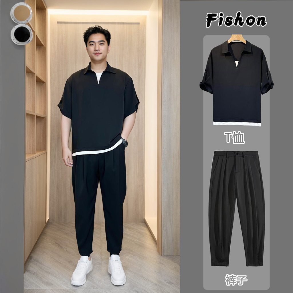 【两件套】夏季男士大码两件套条纹短袖T恤套装胖子男生宽松上衣男