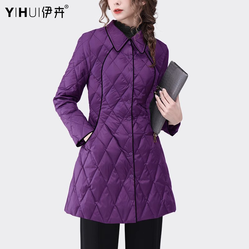 YIHUI伊卉雅丹风秋冬衬衫式轻薄羽绒服外套女中长款收腰WH231898