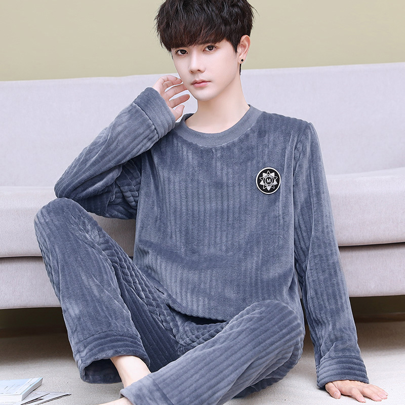 加厚加绒睡衣男士法兰绒秋冬套头套装男珊瑚绒家居服加大码可外穿